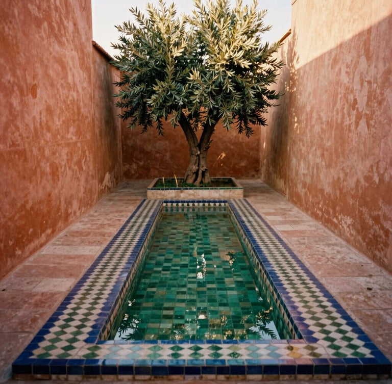 A narrow geometric water channel lined with handmade zellige tiles, reflecting a mature olive tree, surrounded by terracotta plaster walls in warm golden-hour light, medium format film.