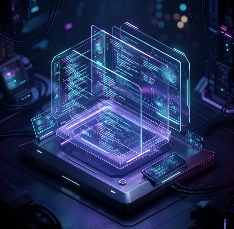 Sleek 3D render of a futuristic coding environment on a holographic terminal, glowing indigo and cyan neon lighting, glassmorphism, isometric perspective, octane render, code snippets visible on screen, dark ambient background.