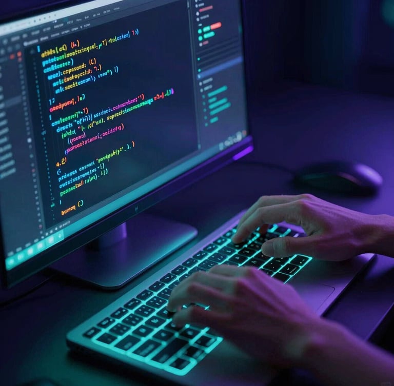 Portrait close-up of hands typing code in a dark-themed IDE on a monitor, neon rim lighting in cyan and indigo, glassmorphic elements subtly reflecting, tight macro shot, professional execution, cinematic production.
