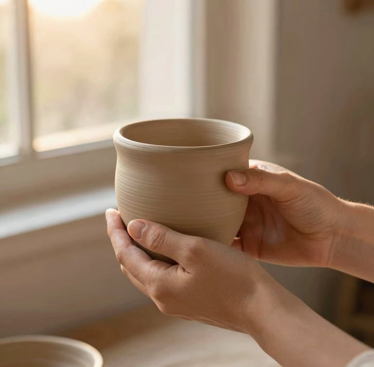 Warm editorial photography of hands holding a handmade clay cup, soft golden-hour window light, rose and earth tones, shallow depth of field, 35mm