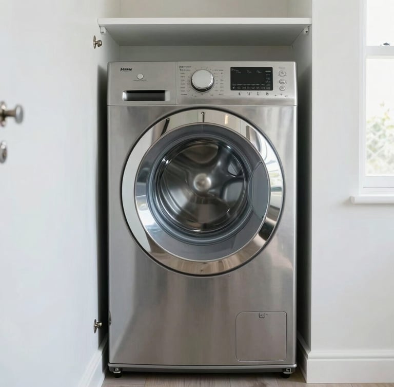 Straight-on architectural shot of a clean stainless steel stackable washer and dryer unit tucked neatly into a compact white apartment closet, bright cool natural daylight