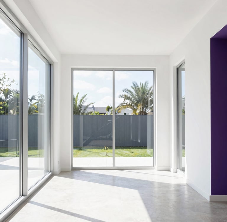 Straight-on architectural shot of a modern living room with large glass windows, bright natural daylight flooding the space, crisp white walls, minimalist design