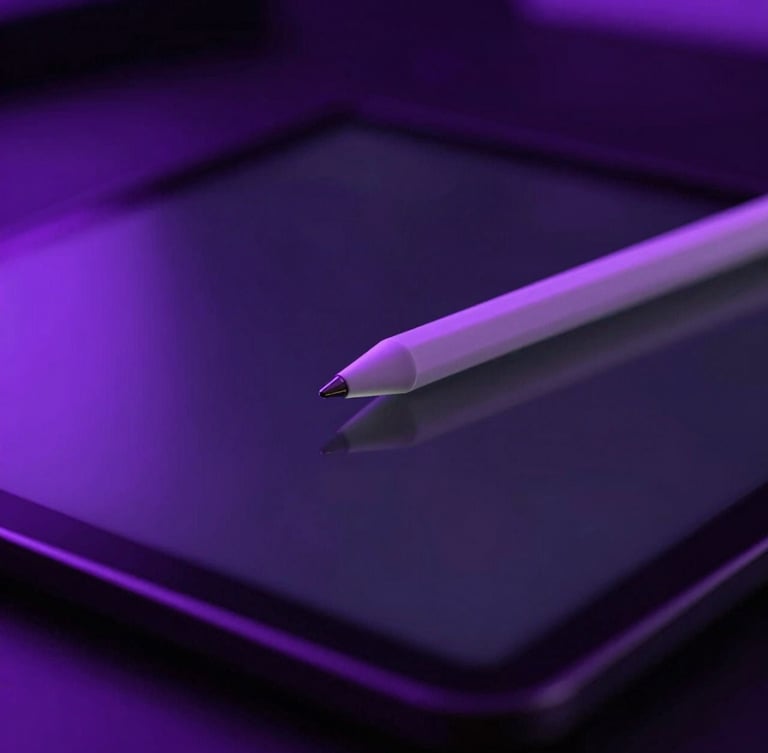 Close-up of a digital creator workspace at night, glowing stylus reflecting neon purple light on a dark tablet screen, ambient violet backlighting, macro focus