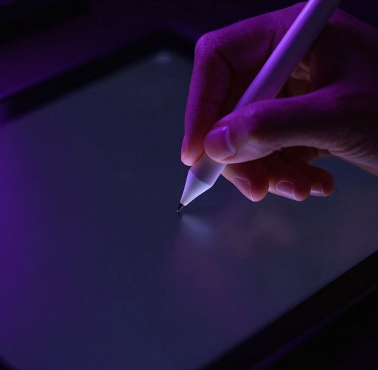 Macro close-up of a digital artist hand holding a glowing stylus over a dark tablet screen, dramatic neon purple and violet backlighting, deep obsidian shadows, high contrast, 35mm