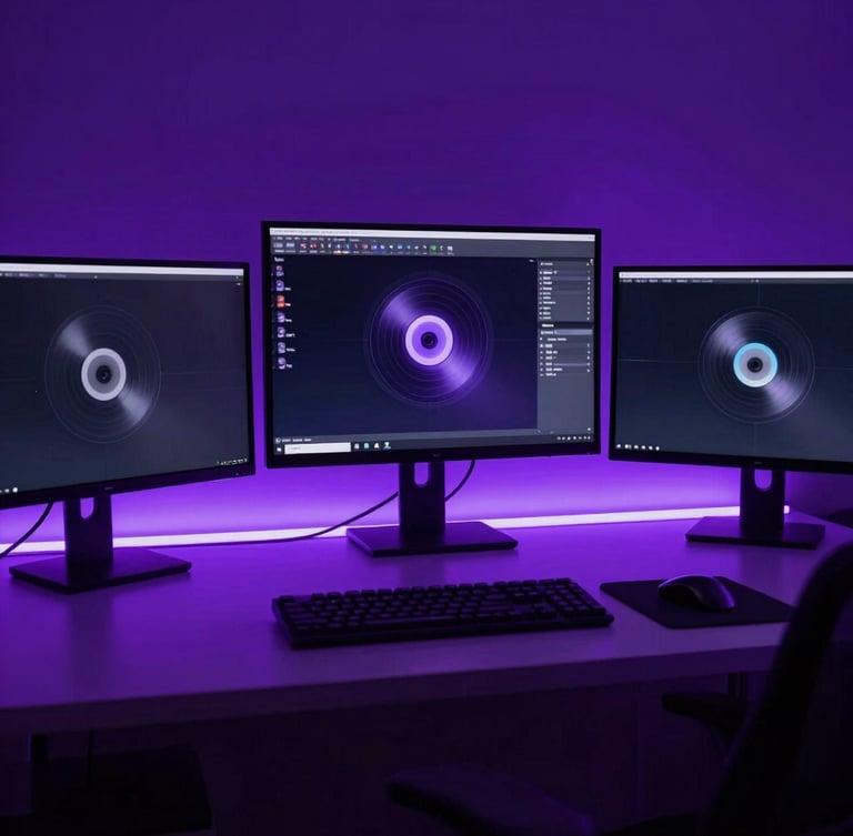 Stylized neon-lit creator workspace with glowing purple ambient light casting deep shadows over high-end digital displays, 35mm photography