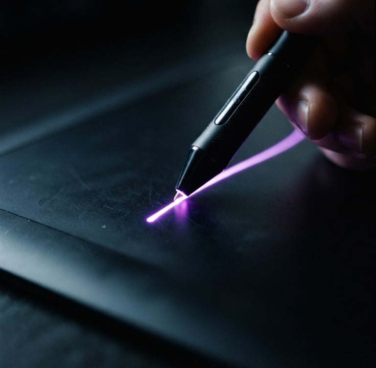 Dark digital art photography, dramatic neon purple backlighting, high-contrast obsidian tones, sharp macro focus of a glowing digital stylus on a sleek tablet screen, 35mm