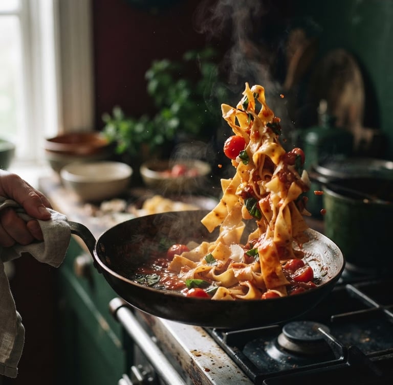 Macro close-up of handmade pasta being tossed in a pan, steam rising, rich red tomato sauce glistening under moody Scandinavian side-lighting, 35mm film grain.