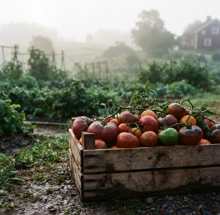 Misty early morning over an organic vegetable farm, wooden crates of fresh heirloom tomatoes in the foreground, soft Scandinavian side-light, 35mm film grain.