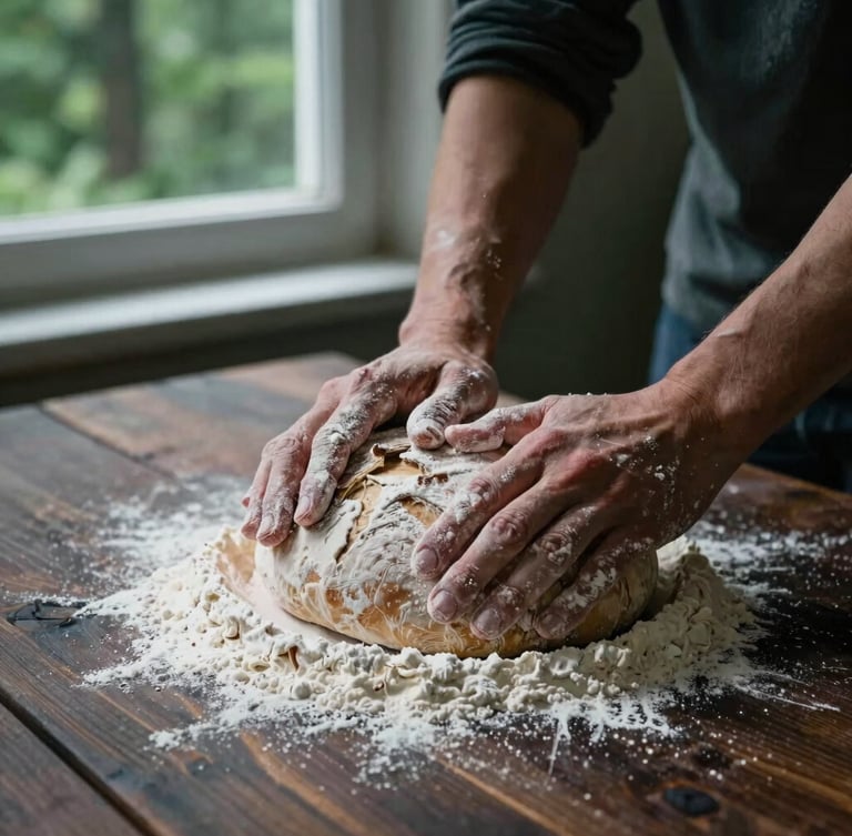 Hands covered in white flour kneading sourdough on a dark wooden table, soft morning window light, deep forest green accents in the background.