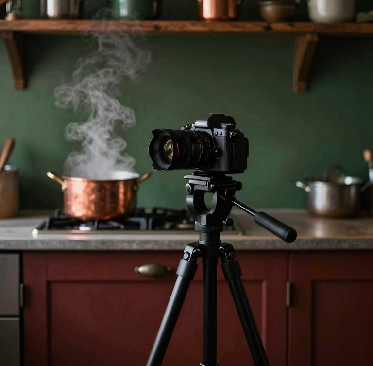 A camera setup on a tripod in a rustic kitchen, steam rising from a copper pot in the background, warm side-lighting, authentic unpolished behind-the-scenes moment.