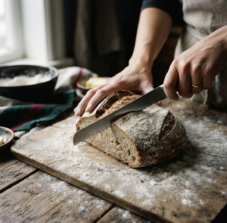 Close-up of hands slicing a raw sourdough loaf on a flour-dusted wooden table, soft Scandinavian daylight casting deep shadows, moody 35mm film grain.