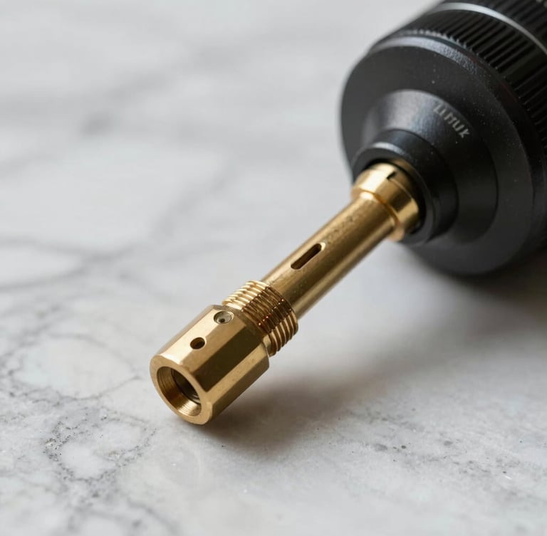 Close-up of a professional acoustic pipe locator probe placed against a clean marble floor, bright daylight, clinical focus on the brass sensor.