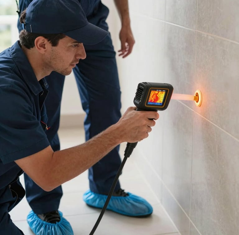 A close-up of a professional plumber in a clean navy uniform wearing blue protective shoe covers inside a pristine modern Dubai villa, holding a thermal imaging camera showing heat signatures on a tiled wall. Bright daylight.