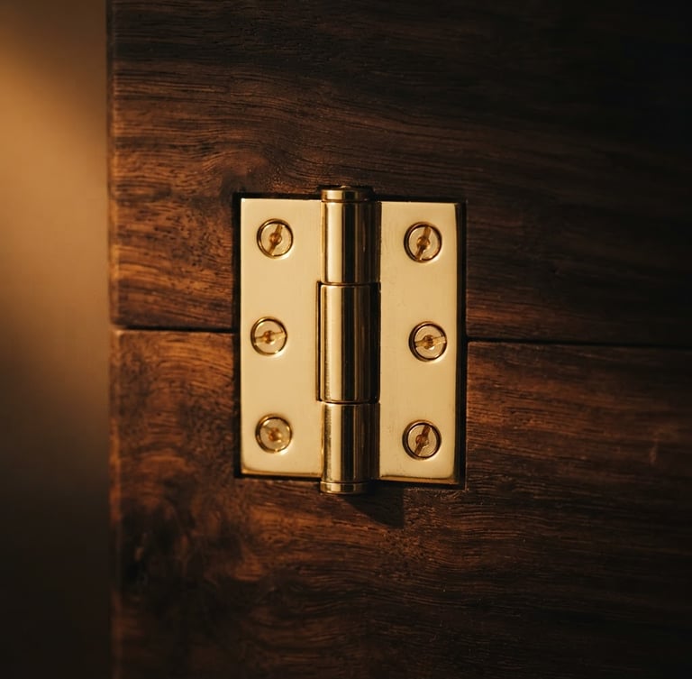 Macro shot of a flawless gold-plated hinge on dark Spanish cedar wood, soft warm side lighting, high contrast, 35mm