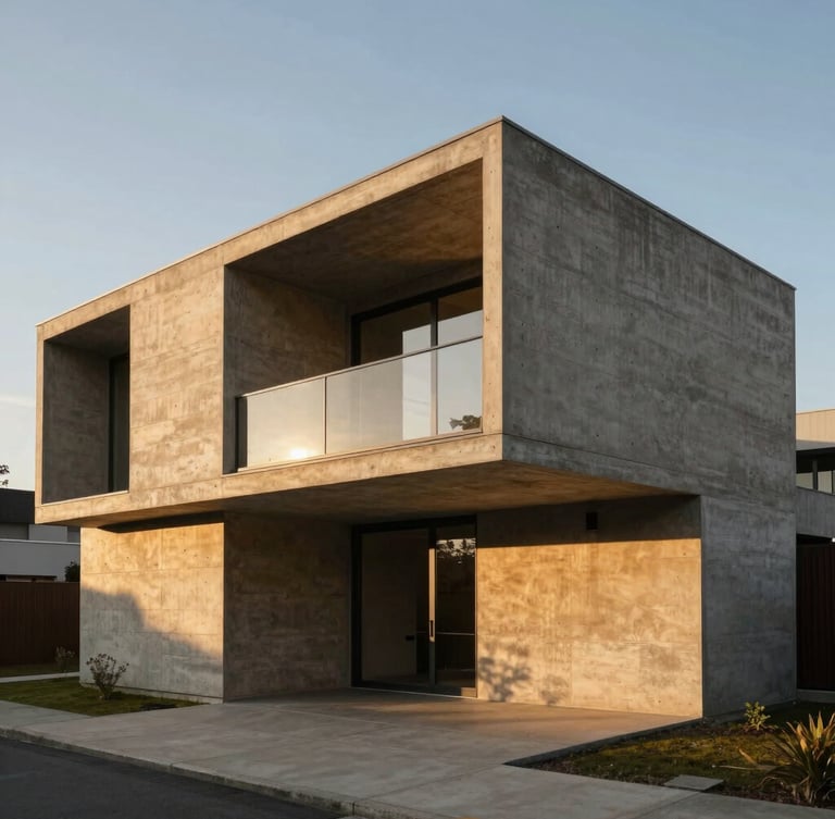 Wide-angle architectural exterior of a modern concrete house with sharp geometric angles, dramatic golden-hour sunlight casting long shadows, warm concrete textures, 35mm