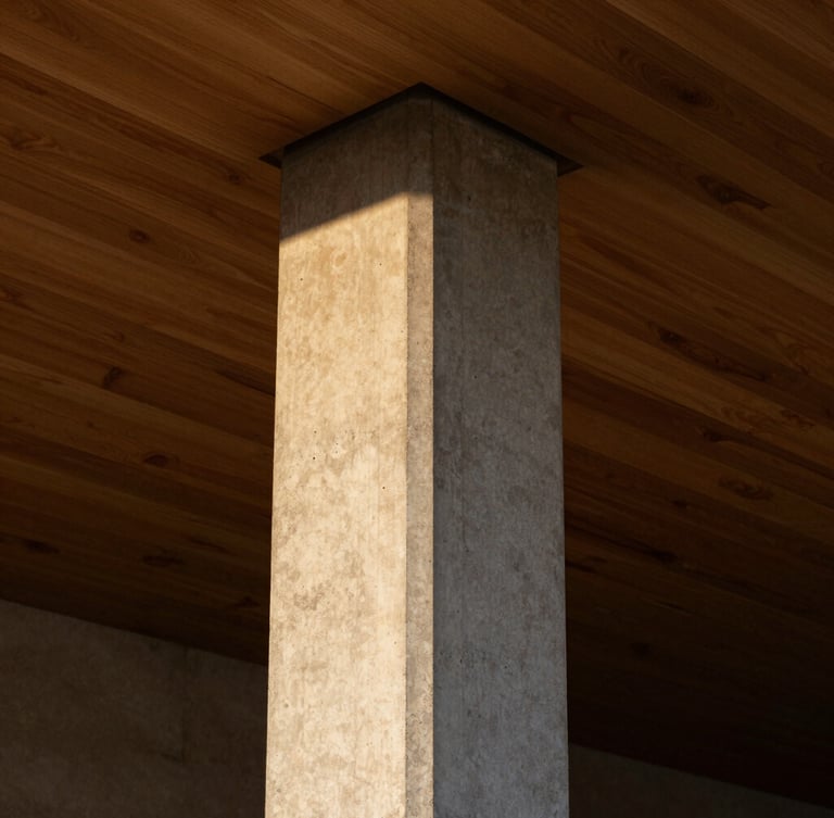 Vertical portrait of a concrete structural column meeting a polished oak ceiling, dramatic side lighting highlighting the rich textures, 35mm architectural photography