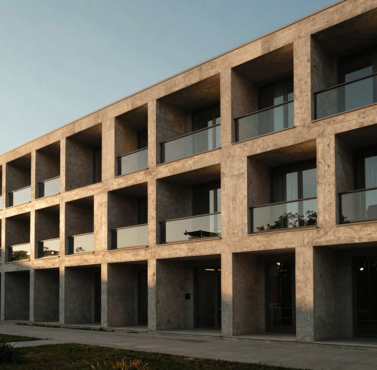 Wide-angle architectural exterior of a modern multi-family building with unique concrete geometry and deep recessed windows, dramatic golden-hour sunlight casting long shadows.