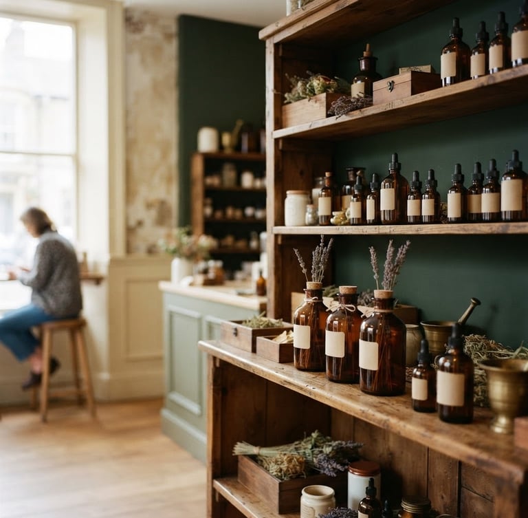 Sunlit interior of Nenza Budz King Street boutique, featuring amber glass apothecary bottles on clean wooden shelves, warm editorial photography, shallow depth of field