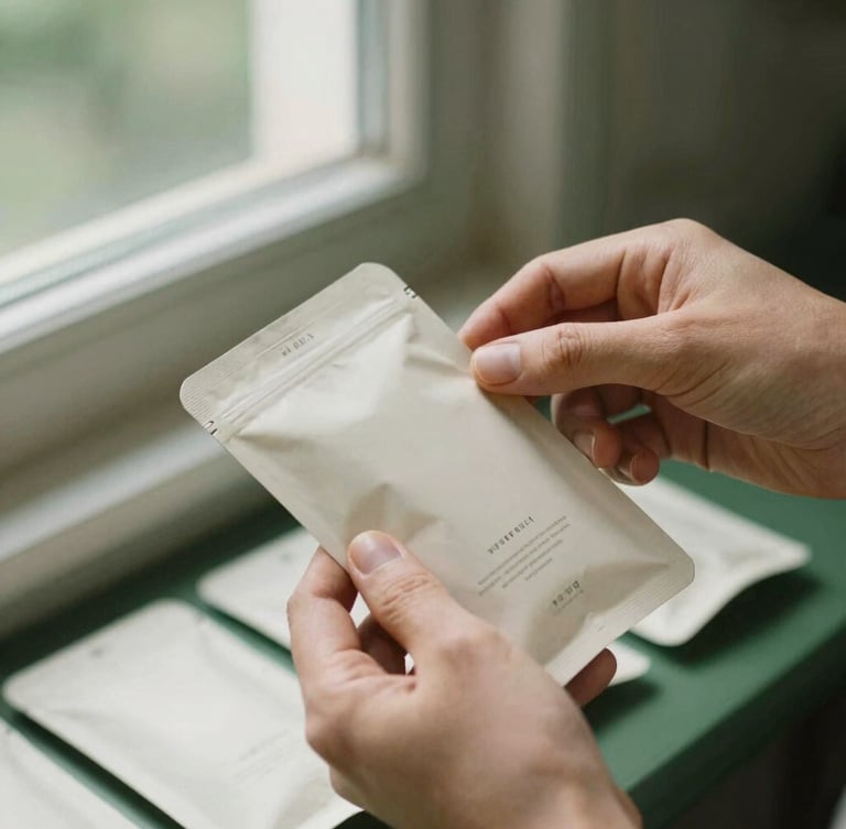 Close-up of hands carefully inspecting clean, minimalist botanical product packaging, with soft natural window light casting gentle shadows, deep forest green and cream tones, shallow depth of field, 35mm