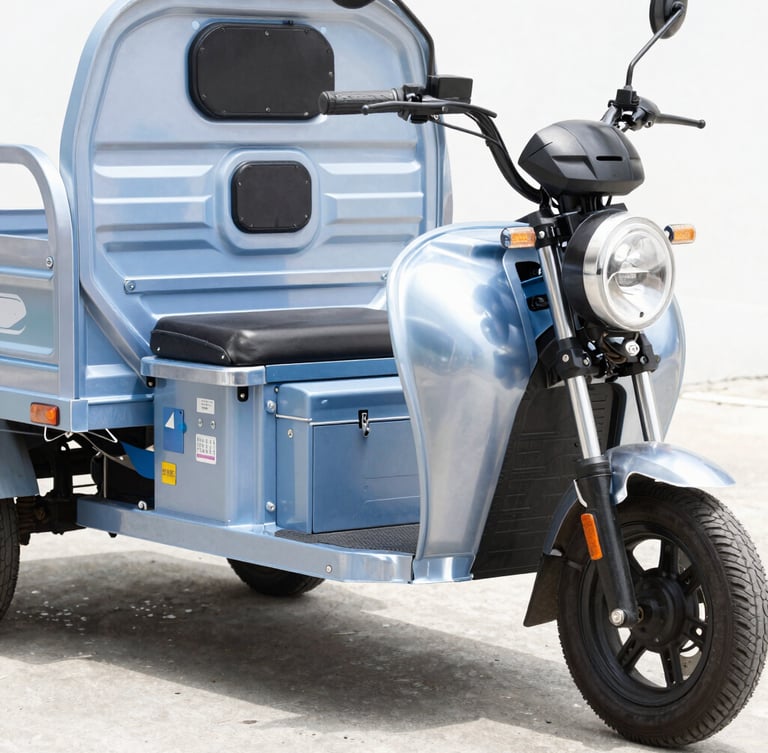A close-up of a modern electric three-wheeler cargo rickshaw parked in bright daylight, showing the detailed battery bay and sturdy wheels, sharp focus.