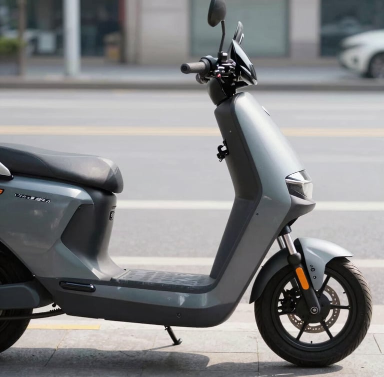 Side profile of a modern matte gray electric scooter parked on a clean urban street, bright morning daylight, sharp focus on the battery bay.