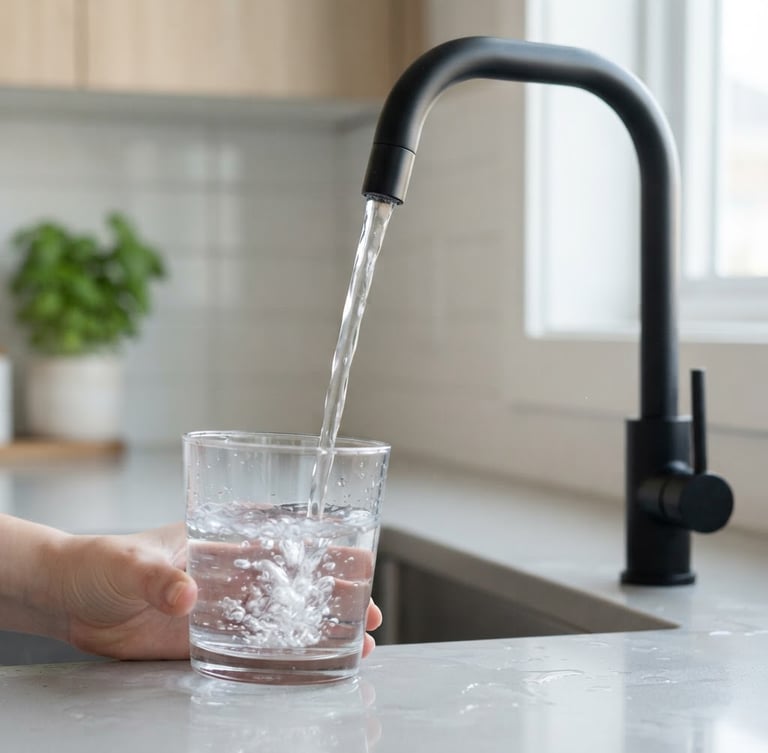 Close-up of clean, pure water pouring from a modern kitchen tap, bright editorial photography, soft natural daylight, minimalist kitchen setting, crisp details