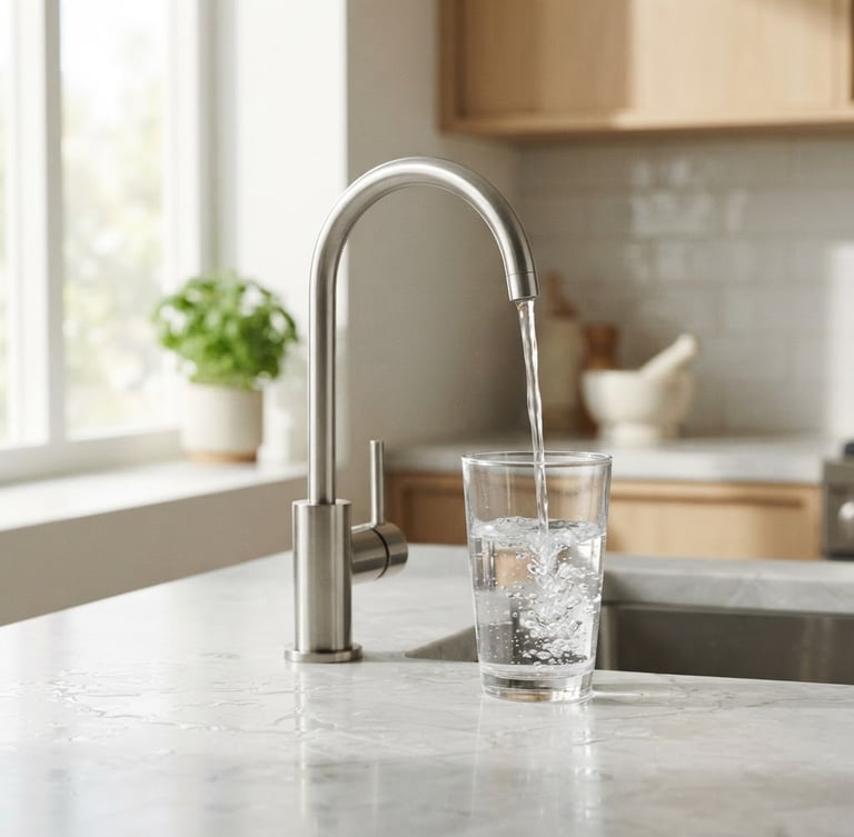 Bright editorial photography of a modern, minimalist kitchen with natural light, focusing on a high-end water filtration faucet with a glass of crystal-clear water being filled, shallow depth of field, crisp details