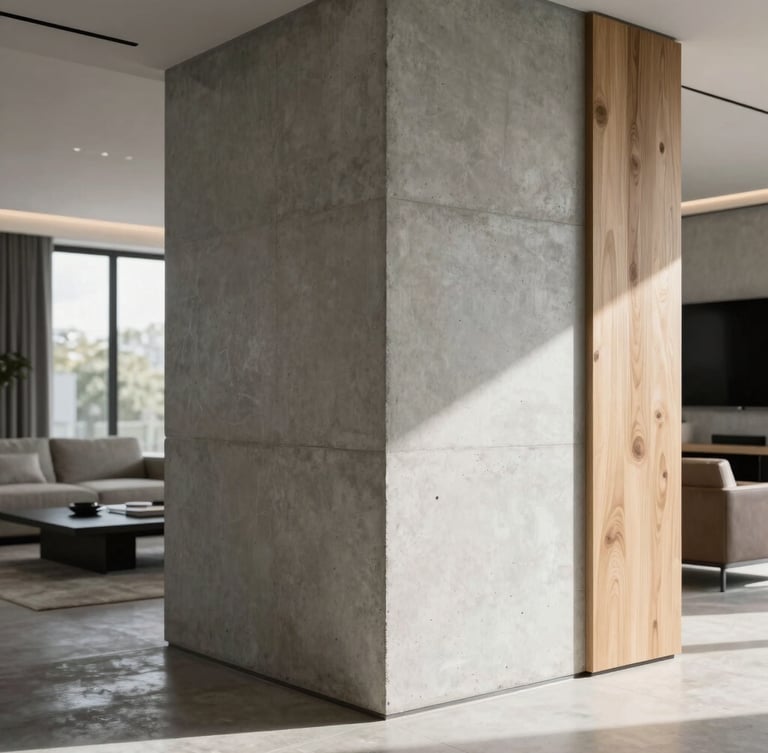Straight-on architectural detail of a concrete-to-timber transition in a modern luxury living room, sharp natural light, flawless craftsmanship