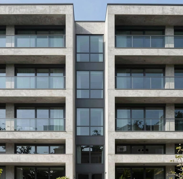 Symmetrical architectural shot of a modern concrete and glass residence facade, crisp natural daylight, clean lines, high-end finishes.