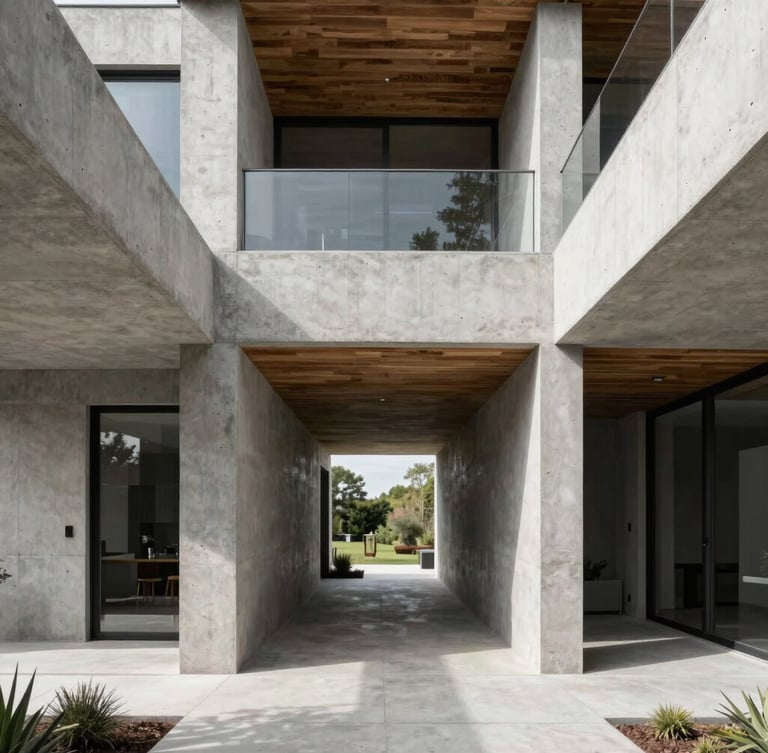 Symmetrical straight-on architectural shot of a modern high-end concrete and wood residential interior, bright natural daylight highlighting flawless material transitions, clean lines.