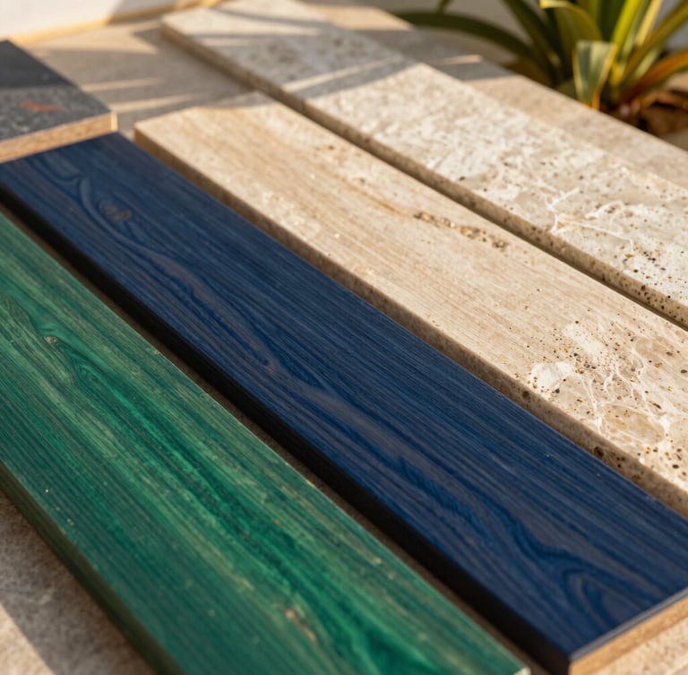 Close-up of high-end architectural materials, tropical hardwood and textured stone, warm natural lighting