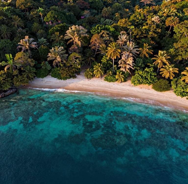 Drone perspective of a pristine tropical shoreline in Samal Island, showing clear turquoise water boundaries and lush green forest canopy under warm golden-hour light.