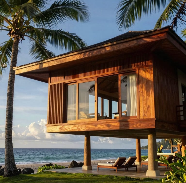 A close-up architectural shot of a modern tropical villa cantilevered over the Samal coastline, rich hardwood details, warm golden hour sun.