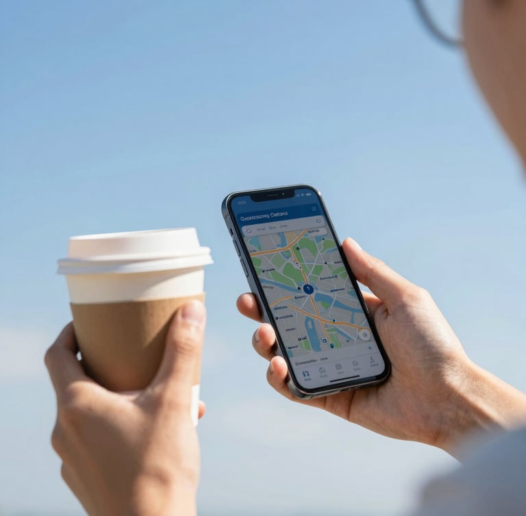 Close-up of hands holding a coffee cup and a smartphone displaying a digital itinerary, bright midday sun, high contrast, vibrant true-to-life colors.