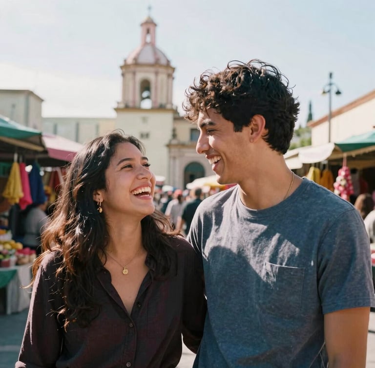 Candid portrait of a young couple laughing together at an outdoor market in Oaxaca, natural warm sunlight, colorful background, 35mm photography