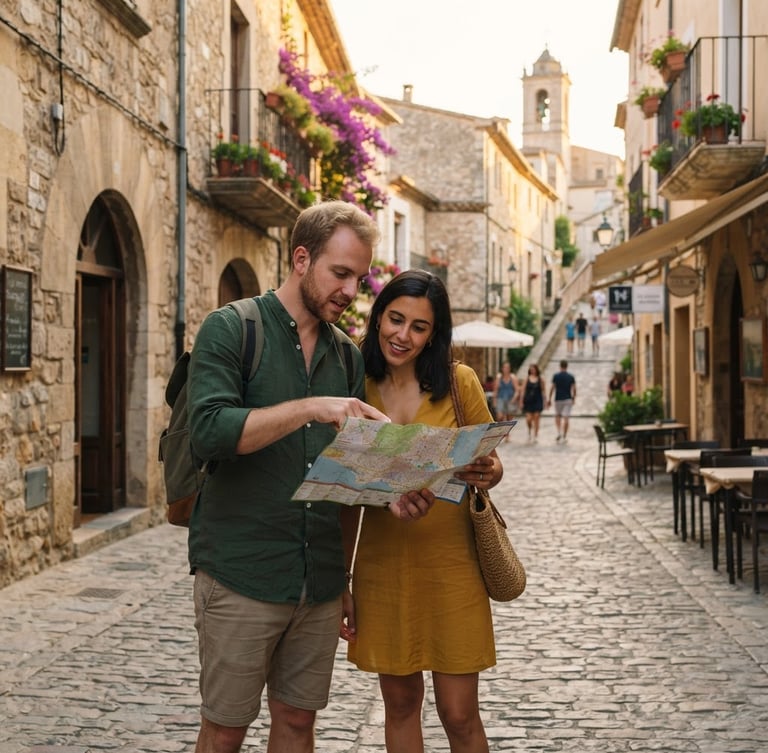 Wide environmental shot of Manu and Rosmi looking at a map on a cobblestone street in Europe, natural golden hour lighting, 35mm, ample negative space.