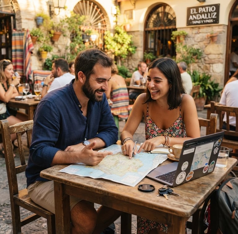 Manu and Rosmi sitting at a rustic wooden table in a sunny outdoor cafe in Spain, reviewing a physical paper map and a laptop, warm natural golden hour light, candid interaction, 35mm photography