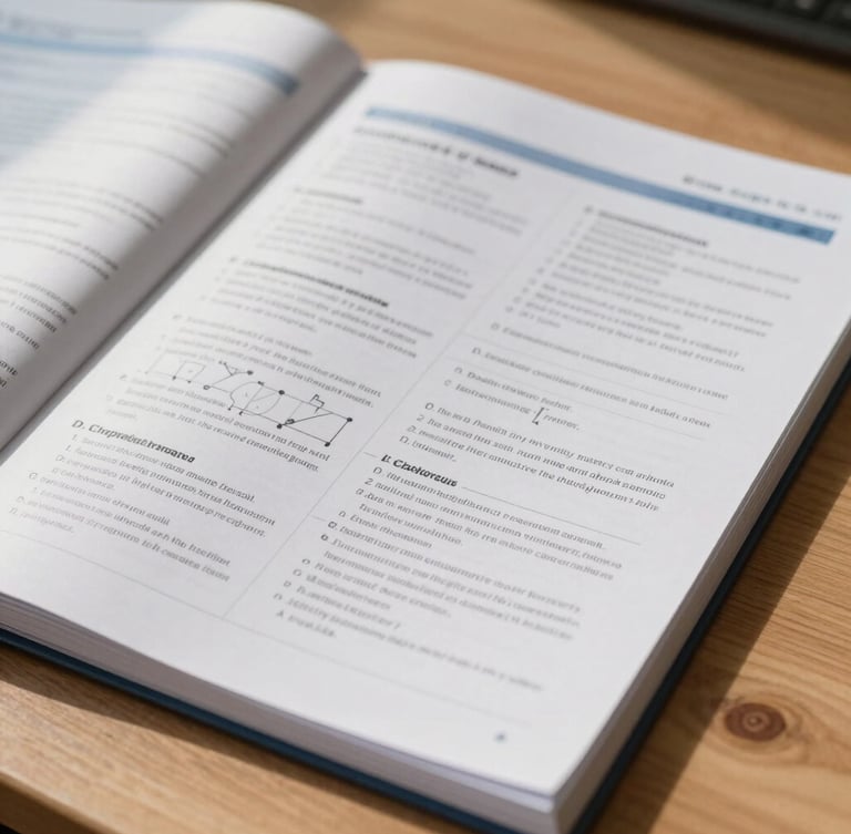 Close-up of a structured printed syllabus and course workbook on a clean wooden table, natural morning light, sharp focus on academic diagrams.
