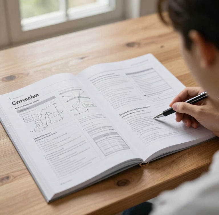 Over-the-shoulder view of a printed curriculum workbook open on a wooden table, showing structured diagrams, clear typography, and a pen resting on the page under natural window light.
