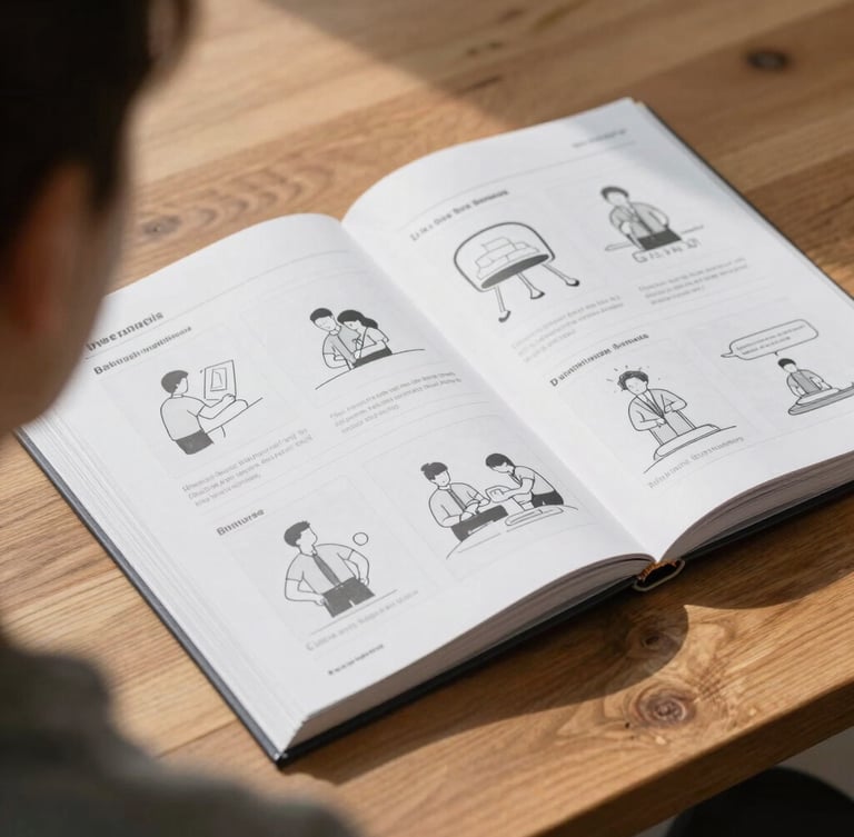 An over-the-shoulder view of an open, structured physical workbook on a wooden table, showing clear diagrams of behavioral habits, bright natural daylight.
