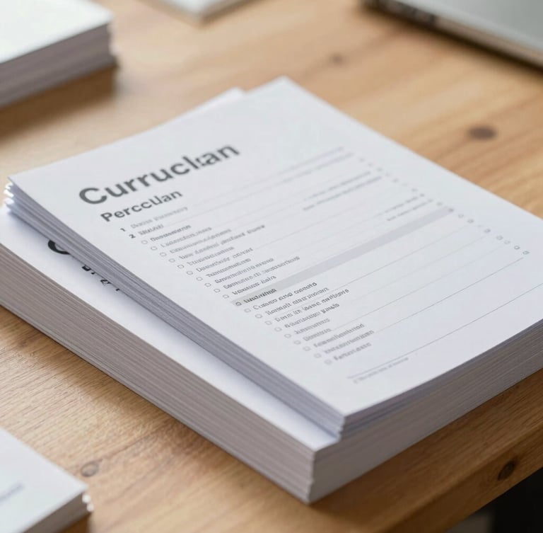 A close-up of printed curriculum manuals and lesson guides stacked neatly on a clean wooden workshop table, bright natural daylight