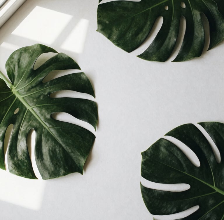 Overhead flat-lay of a minimalist workspace with Monstera leaves casting soft shadows on textured paper, warm natural window light, 35mm