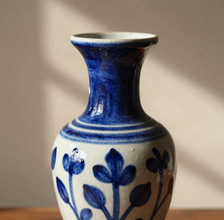 Close-up of a hand-painted Talavera ceramic vase, warm natural sunlight, soft plaster background, rich cobalt blue and clay tones, shallow depth of field, 35mm