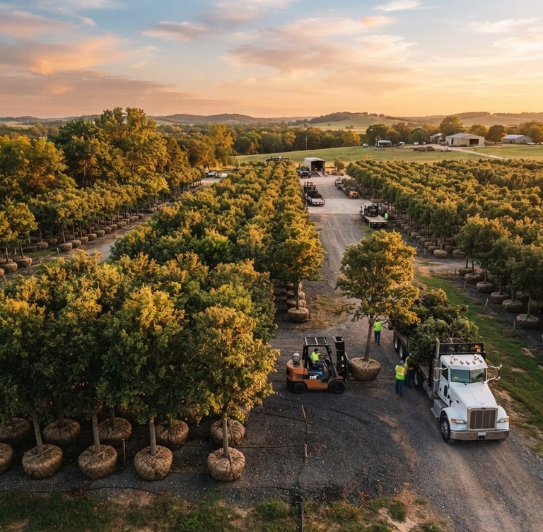 Wide shot of a premium wholesale tree nursery in Oklahoma during golden hour, rows of mature oaks with burlap-wrapped root balls ready for flatbed transport, warm earthy tones.