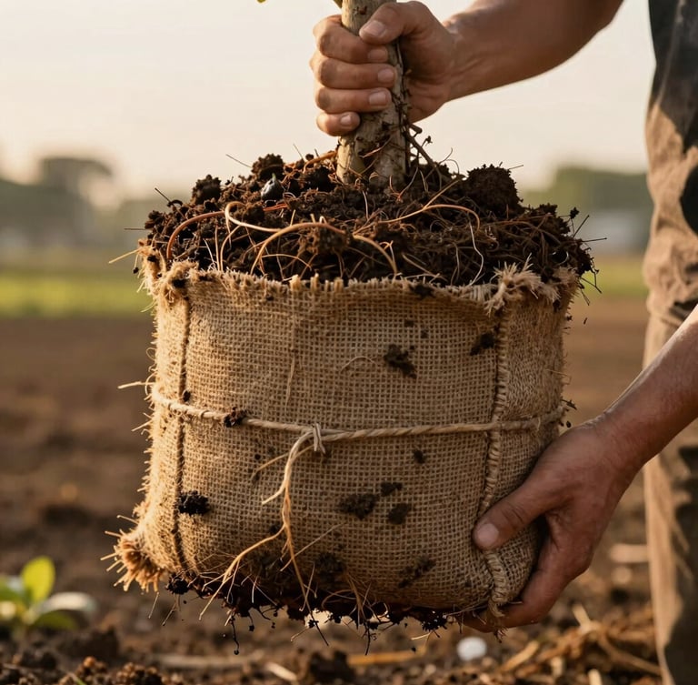 Close-up of a healthy tree root ball wrapped in burlap, damp dark soil visible, nursery worker hands holding the sturdy trunk, warm golden hour lighting.