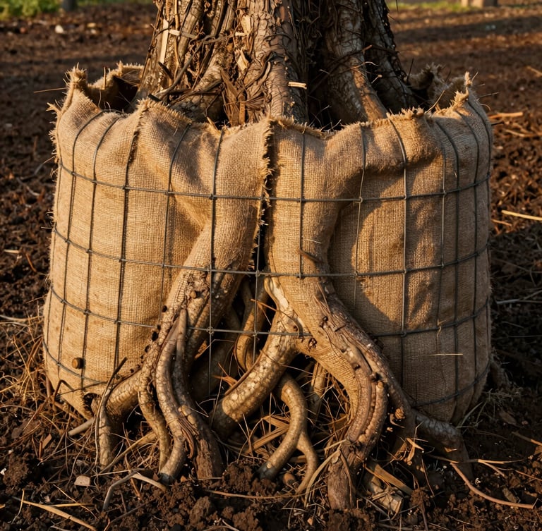 Close-up detail of a massive healthy tree root ball wrapped in clean burlap and secured with heavy-duty wire basket, sitting on dark rich soil, natural morning light.