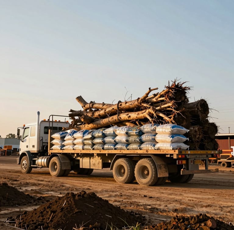A heavy-duty flatbed truck loaded with large root-balled trees and bulk bags of dark soil, parked on an Oklahoma commercial job site, crisp morning light, 35mm