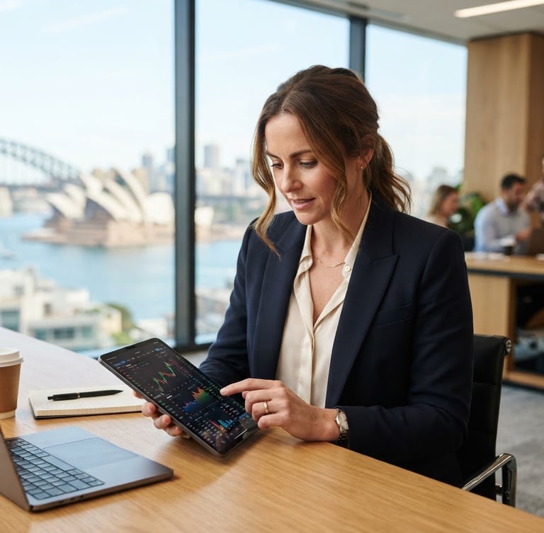 Professional Australian accountant in a modern, light-filled office, focused on a tablet displaying financial data, with a subtle Australian cityscape in the background, editorial medium-close up.