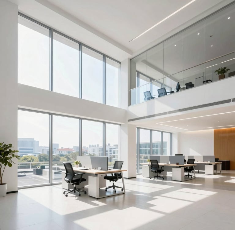 Bright modern office interior with large windows, clean architectural lines, professional workspace, sunlit morning daylight