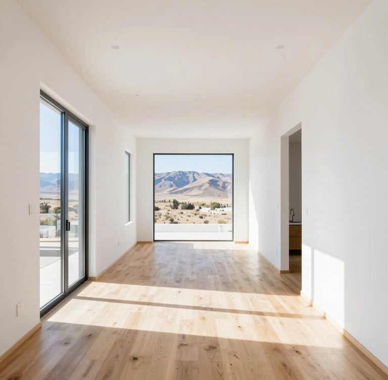 Bright architectural interior of a modern sunlit home in Utah, clean white walls, natural oak floors, high-key daylight